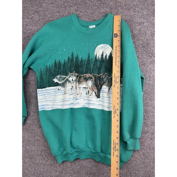 Vintage Habitat Sweatshirt Adult XL Green Wolf Pack Forest Crewneck Made USA 90s - Picture 5 of 6